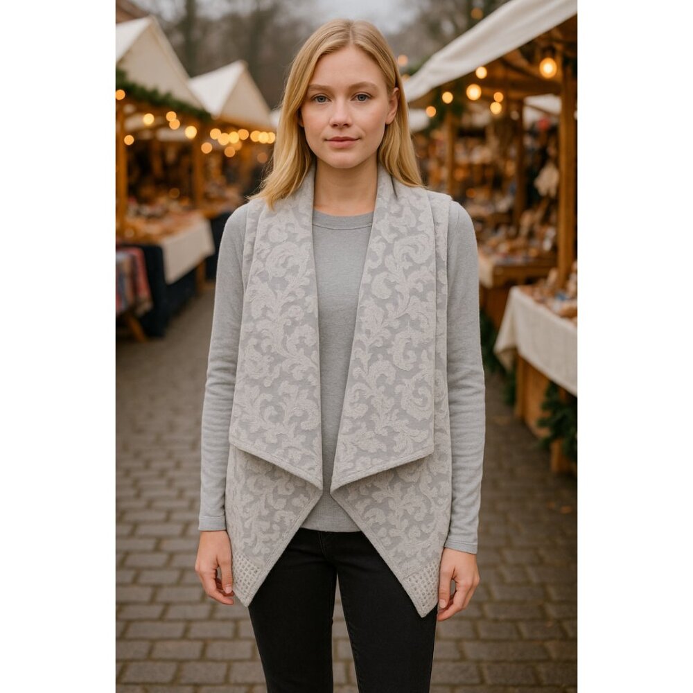 Lagenlook Anthro Saturday Sunday Cardigan XS Gray Sleeveless Embroidered Draped